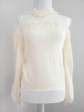 ANK ROUGE Ivory Soft Pullover Sweater Semi Sheer Lace Ruffle Collar